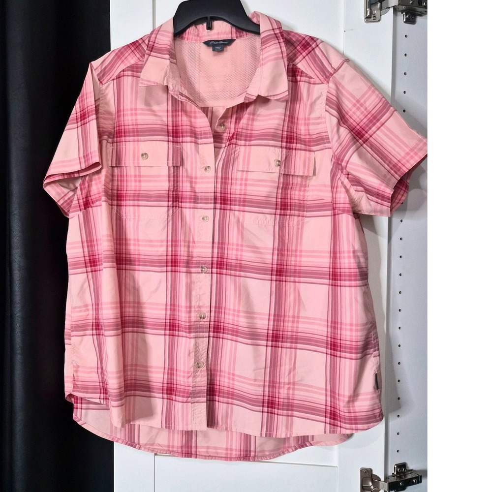Eddie Bauer XXL Pink Plaid Short Sleeve Hiking Button Up Shirt Breathable - Picture 1 of 7